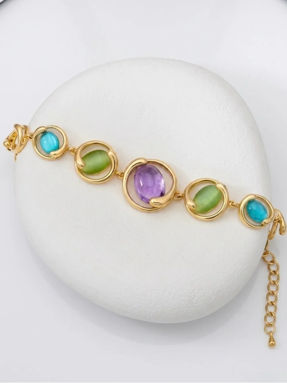 14K Gold Plated Pastel Crystal Bracelet - Gema Style Colorful Statement Band